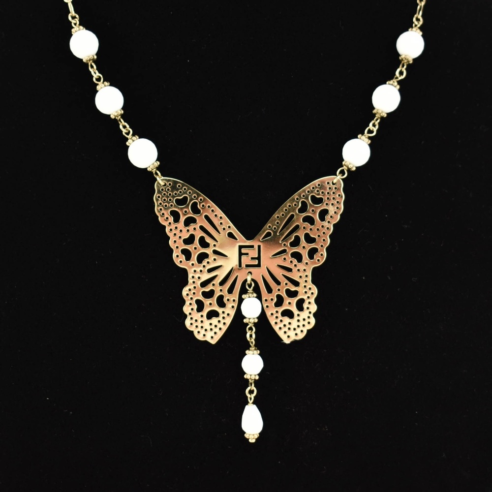 FENDI: Gold, Metal "FF" Logo Butterfly Necklace mn